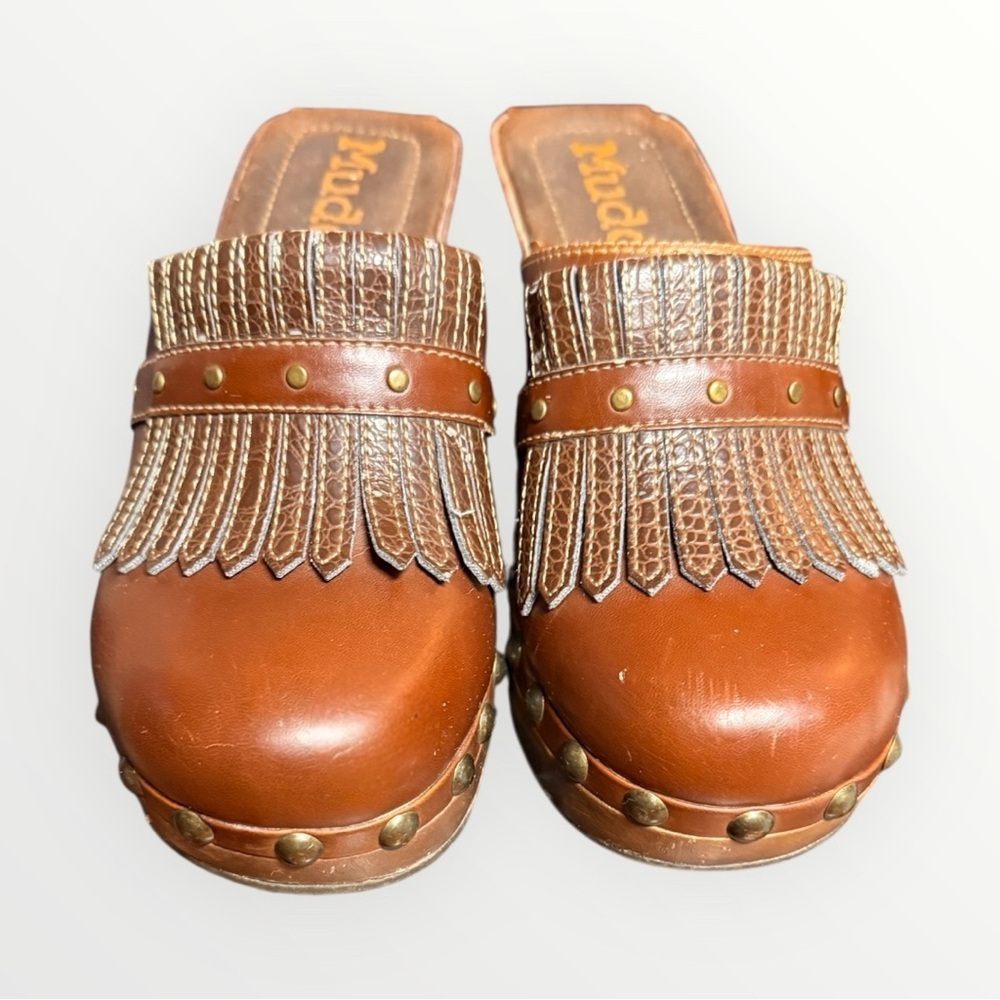Vintage Mudd Brown Leather Mules with Gold Studs - Picture 2 of 7